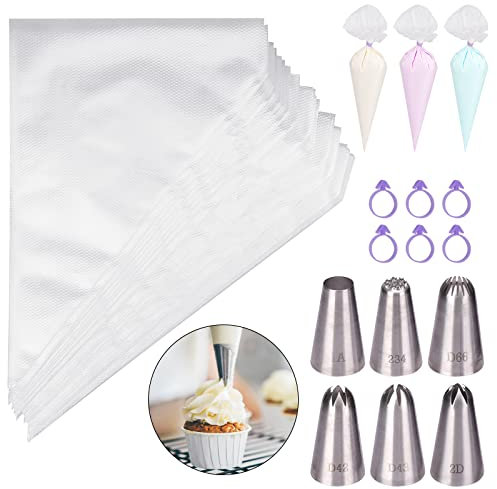 TAKUZA 100 Stück Spritzbeutel Einweg Mit 6 Spritztüllen, 6 Spritzbeutel-Klammern, Für Dekorieren Von Gebäck, Torten, Keksen, Hausbacken