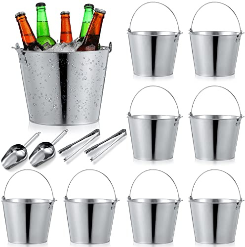 Zopeal 24 Pcs Galvanized Beer Buckets Set, 16 Metal Pails with 4 Scoops & 4 Tongs, 7 Inch Rustic Ice Bucket for Parties, Wedding Centerpieces, Planters, Candy Buffet & Event Decor (Silver)