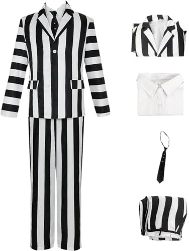 AYYOHON Black and White Striped Suit Tuxedo Horror Movie Cosplay Men Costume Spooky Halloween Costumes Scary Ghost Outfit XL
