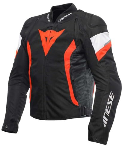 Dainese - Avro 5 Tex Jacket, Chaqueta de Moto de Tela con Protectores de Hombros, Hombre, Negro/Rojo Fluo/Blanco, 54