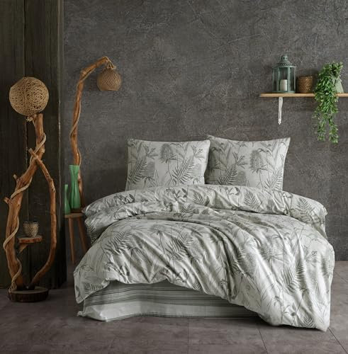 ZIRVEHOME Bettwäsche 200x200 cm 3 teilig Set Baumwolle Bettbezug Grün-Grau mit Tropischem Palmblatt und Kardenblumen-Design, Tuva