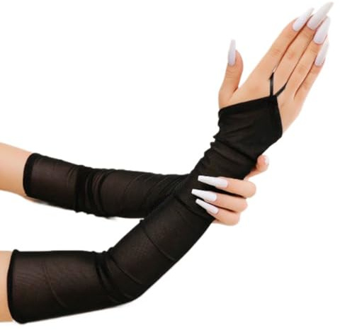 Amazleer Women's Long Fingerless Sheer Gloves, Tulle Mesh Gloves for Wedding, Bridal, Opera, Party, Halloween Costume (Black, One Size)