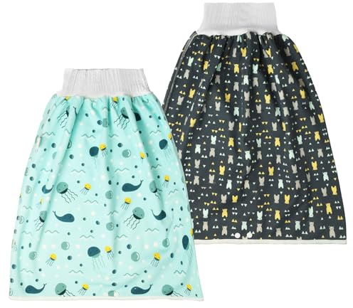 Aolso babyträningsbyxor, paket med 2 högmidjade babypottbyxor, babyblöjbyxor för barn, 100% bomull, tvättbara och återanvändbara (Underwater World/Bear-M)