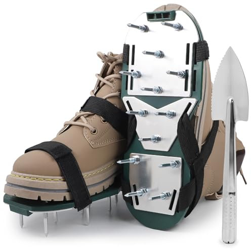 lalago 1 Coppia Arieggiatore Prato Scarpe Chiodate Verde, Sandalo Livellatore per Ventilator con Velcro e Spatola, Scarificatore Arieggiatore Manuale, Scarpe per Arieggiare per Cortile Giardino