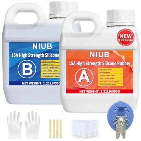 NIUB 15A Kit de Silicone pour Moulage – Gomme Silicone Fluide 1,1KG Bleu, Élastomère Non Toxique, Facile à Utiliser, Matériau Souple pour Moules, Catalysé au Platine