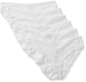 Amazon Essentials Culottes en Dentelle Galloon Extensible, Modèles Bikini, Hipster, String et Taille Haute Femme, Lot de 6, Blanc, 40