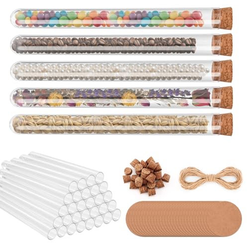 Behiruch 30 Stück Reagenzglas, 12x75mm Reagenzgläser mit Korken Kunststoff, Reagenzglas für Blumen mit Geschenkanhänger Kraftpapier und Jutesei, für Hochzeiten, Labortisch, DIY Hauptdekoration