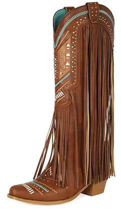 Veelau Meieer Botas de vaquero para mujer, estilo occidental, con flecos y remaches bordados, tacón de bloque retro, aspecto occidental, marrón, 43 EU