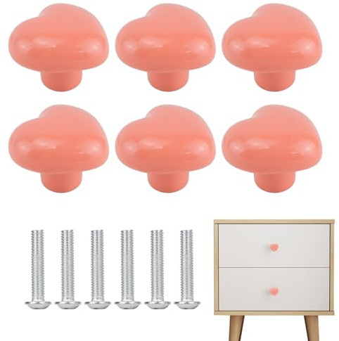 LuxStellar Lot de 6 boutons de meubles, en céramique, en forme de cœur, avec vis, pour chambre d'enfant et accessoires de maison (rose clair)