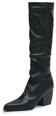 Générique Bottes Hautes De Genou Vintage Femme À Bout Pointu, Talon Épais, Mollets Larges, Enfiler, Style Équitation Automne - Hiver,Noir,39 EU