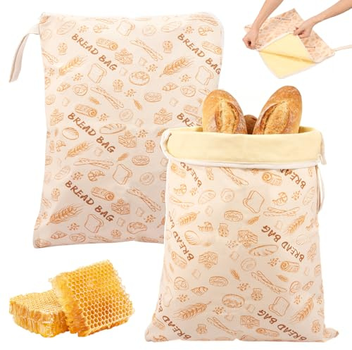 2 Pezzi di Sacchetti per Pane in Cera d'Api 43cm×33cm, Sacchetto per Pane Riutilizzabile con Chiusura a Cerniera e Manico, Sacchetti per Pane in Cera d'Api Naturale