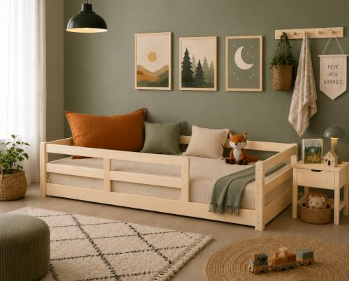 KONTARBOOR Lit Enfant 90x190 cm avec Barrières de Sécurité - Montessori– Lit au Sol en Bois Massif Naturel – Style Scandinave Mixte Fille & Garçon – Sommier Inclus.