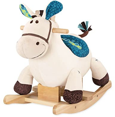 B. toys Schaukelpferd beige mit blauem Sattel aus weichem Plüsch und hochwertigem Holz, Schaukeltier zum Draufsitzen für Kinder und Babys ab 18 Monaten