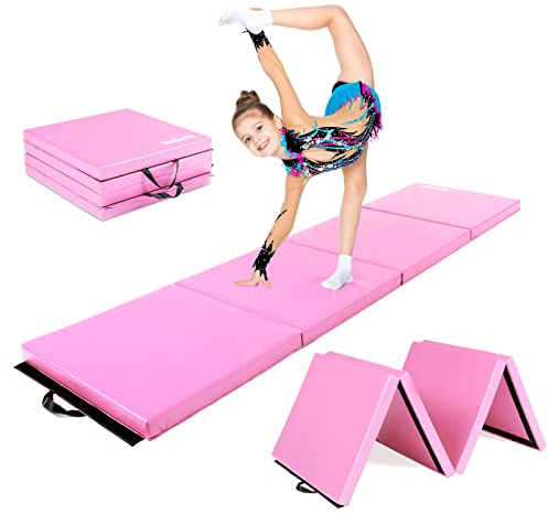 Matladin 8' Folding Gymnastics Gym Exercise Aerobics Mat, 8ft x 2ft x 2in PU Leather Tumbling Mats for Stretching Yoga Cheerleading Martial Arts (Pink)