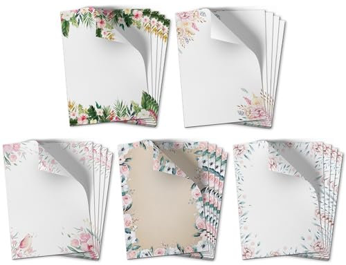 50 Blatt Briefpapier (A4) | Floraler Mix (5 x 10 Blatt) | Motivpapier | edles Design Papier | beidseitig bedruckt | Bastelpapier | 90 g/m²