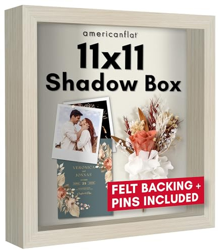 Americanflat 11x11 Shadow Box Frame in Light Wood with Soft Linen Back - Large Shadow Box with Engineered Wood and Shatter Resistant Glass for Wall and Tabletop