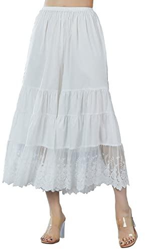 BEAUTELICATE Jupe Culotte en Coton Capri Pantalon De Pyjama Femme Pantacourt Ample à la Maison sous-Robe Jupon avec Dentelle Ivoire, M