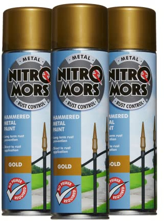 Nitromors Hammered Finish Metal Paint - Gold 500ml Aerosol - 3 Pack | Protection Against Rust and Corrosion | Superior Coverage |NOG500