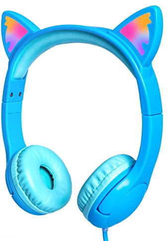 Olyre Casque pour Enfant Audio, Casque pour Filles avec LED Lumineuse Oreilles de Chat, Volume Limité à 85dB pour Les Enfants, Écouteurs Filaires pour Ordinateur/Tablette/École/Voyage - Bleu