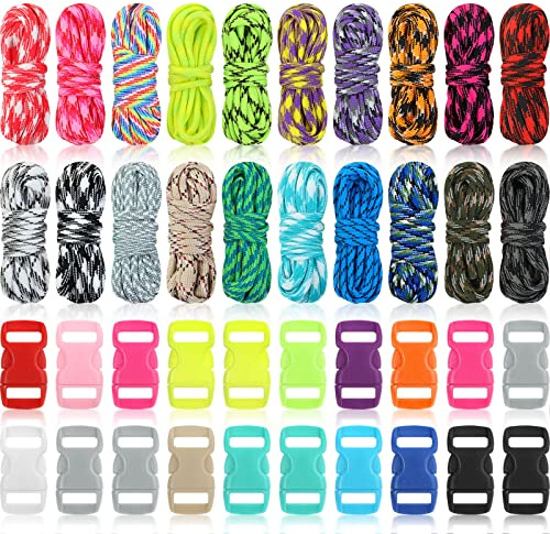 20 Set Paracord Kit 550 Paracord Survival Ropes Bracelets Outdoor Tent Rope Parachute Cord Combo Crafting Kits with 20 Buckle for DIY Bracelets, Key Rings, Dog Leads(Vivid Color)