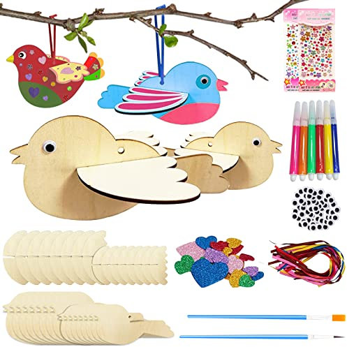 RUIJIE 16 Pièces Kits Bricolage Oiseaux 3D en Bois Loisirs Créatifs pour Enfants DIY Activité Manuelle Décoration Suspendue Fêtes d'Anniversaire Artisanat Familial pour Filles Garçon 6-12 Ans