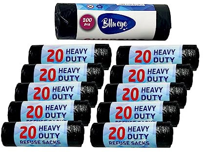 Bllu Eye 200 x Black Bin Bags Refuse Sacks Bin Liners Heavy Duty - (18x29x39 inches)|