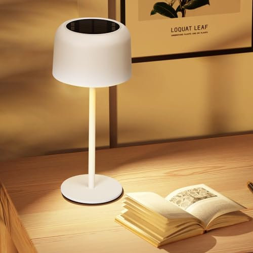 Aigostar Lámpara de Mesa Inalámbrica Recargable Solar y USB, Lámpara de Escritorio Táctil Regulable, Lámpara de Noche IP54 Impermeable para Interior y Exterior, Dormitorio, Restaurante - Blanco