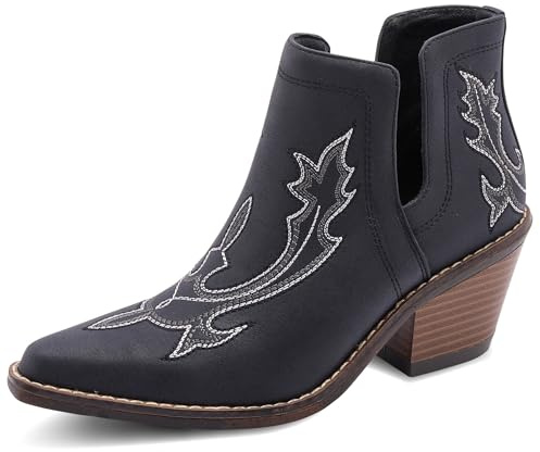 Western Cowboy Boots for Women - Durable Stack Heel and Ankle Style Cowgirl Boots - Comfortable Faux Leather Teen Girls & Women's Ankle Boots & Booties, Black, 7