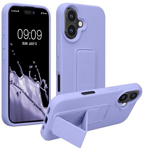 kwmobile Fodral till Apple iPhone 16 skal – mjukt TPU-fodral med silikonbeläggning – med handrem och stativfunktion – stöttåligt – lavendel