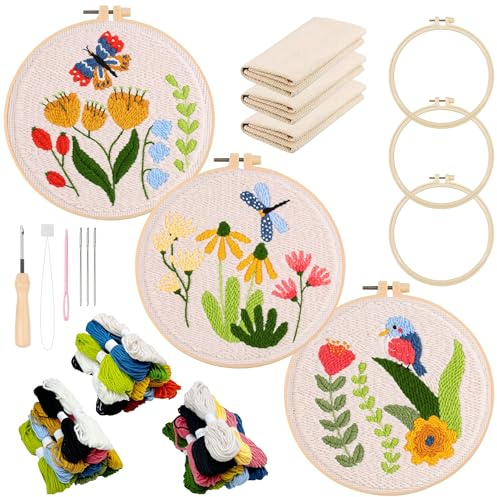 Allazone Kit de Inicio de Bordado, 3 Pz Juegos de Bordar, Kit de Bordado Principiantes, Kit de Herramienta con Aros de Bordado, Tela Bordada, Hilos de Colores