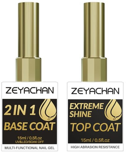 ZEYACHAN 2 x 15ML Base und No Wipe Top Coat Semi-Permanent Set, Base Coat Top Coat UV Nagellack Transparent, Soak-Off UV/LED, Langfristig und nachhaltig -Qualität des Salons -Für Anfänger