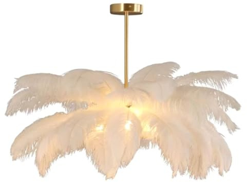 GUANSHAN Weiße Straußenfeder-Pendelleuchte Feder-Deckenleuchte Feder-Lampenschirm Kronleuchter Feder-PendellAmp Deckenlamp Deckenbeleuchtung för Schlafzimmer, Wohnzimmer