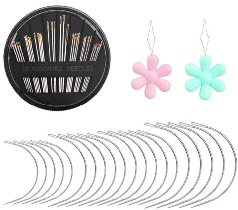 50 Pezzi Set di Aghi per Cucire con 2 Infila Ago,Ago Curvo da Tappezziere, Aghi Curvi per Cucire a Mano, Ago Curvo per Cucire Pelle per Riparazione Tappeti Pelle Tela Tessitura Fai Da Te Artigianato