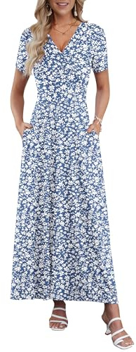 AUSELILY Maxi Dresses for Women Ankle Length Floral Print Beach Long Flowy Dress with Pockets Gray Blue Flower M