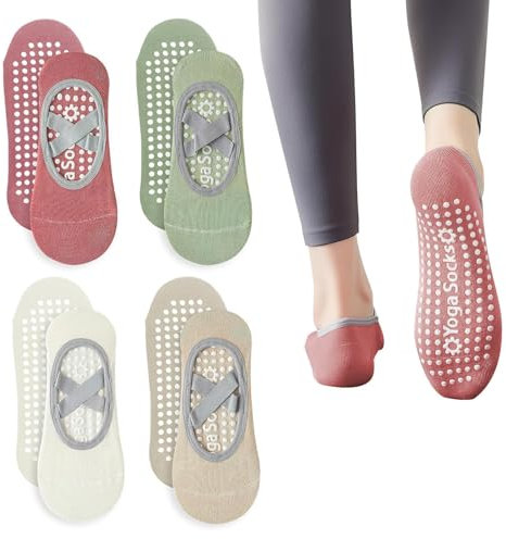 4 Pairs Non-Slip Socks Women's Pilates Non-Slip Yoga Socks with Strap, Cotton Pilates Socks for Dance, Ballet, Fitness, Size 35-40 EU, White/Light Green/Khaki/Burgundy, White Light Green Khaki Wine