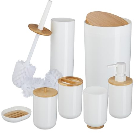 Relaxdays 7-Teiliges Badezimmer Pezzi, plastica e bambù, Set Completo di Accessori da Bagno, Bianco/Naturale, 85% 15%, 7 pz