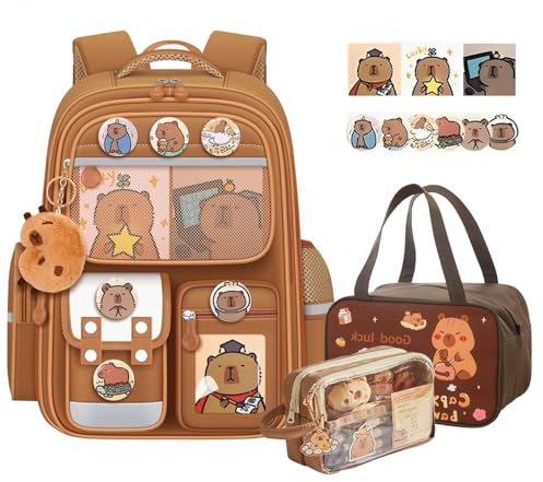 JIABAOZ Mochila Capibara, Mochila Capibara para Niña,Mochilas Escolares Adolescentes,Set de Regalos para el Nuevo Semestre con Bolsas de Papelería y Bolsas de Almuerzo (Brown)