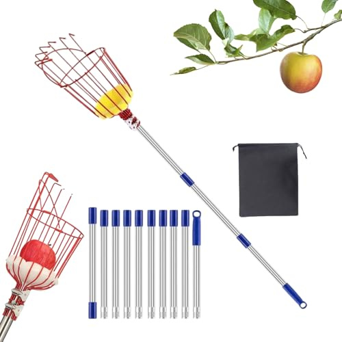 Barra recolectora de frutas con cesta telescópica, recogedor de árboles frutales de 4 m | Herramienta de recolección portátil para naranja, limón, melocotón, pera, granada, aguacate plantación