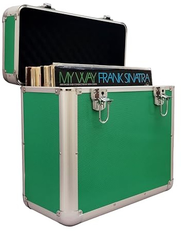 MAGNA RETAIL Vinyl LP Storage Box | 12 Record Case | Heavy Duty Lockable Aluminium Box | Vinyl Record Storage | Large Capacity Holds Upto 50 | DJ Metal Case (Green)
