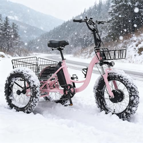 flatpincololee Tricycle Électrique pour Adultes 20x4.0 Tout-Terrain – Batterie Amovible 48V 13Ah, Moteur 500W, Cadre Acier Bas, Phares LED, Panier Arrière, Non Pliant, Assemblage Nécessaire Pink