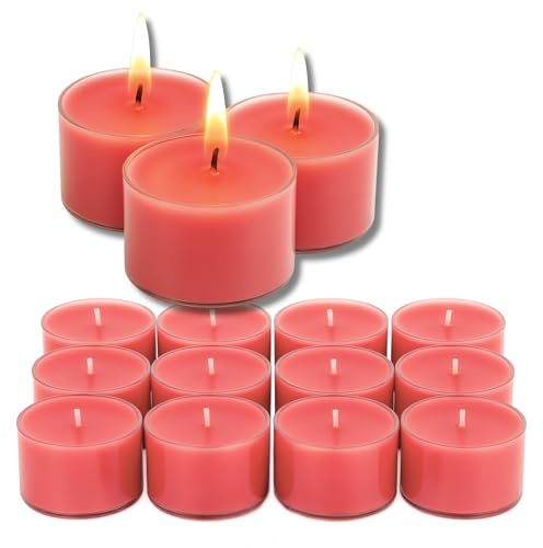 Candelo Juego de 12 velas aromáticas XXL con aroma a rosa, velas de té gigantes, 8 horas de combustión, diámetro de 3,7 cm, altura de 2,7 cm, velas perfumadas con funda de plástico para una fuerte