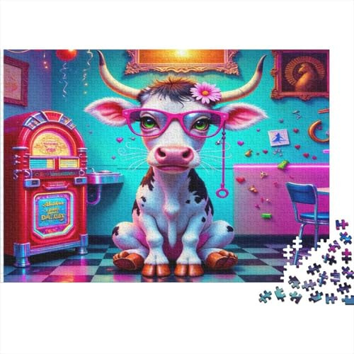 Puzzle 1000 Pezzi Ro Diner Cow Art Cartone Spesso Premium Stampa Mucca Jukebox Whimsical per Adulti Mindfulness Anti-Riflesso Non Tossico 38x26cm/1000Pezzi