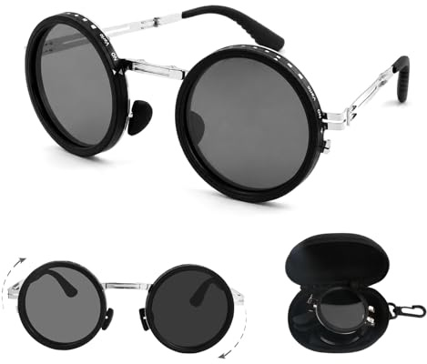 Ecofocet Lunettes de Soleil Pliantes, Rondes Lunettes Polarisées, UV400, ND Réglables à 9 Niveaux, Monture Métal avec Etui, Retro pour Conduite, Pêche, Outdoor, Plage, Homme, Femme (Argent)