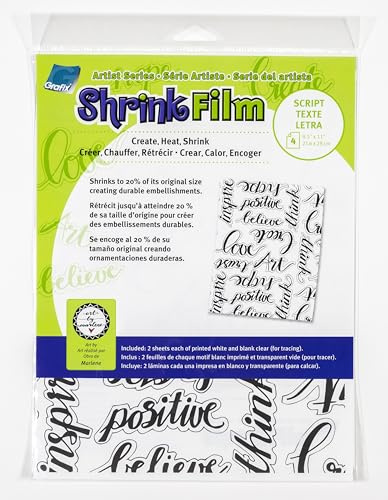 Grafix Artist Series Shrink Film – Script Design by Art By Marlene, 8.5x11, 2 Pre-Printed White Shrink Sheets and 2 Clear Transparent Shrink Sheets,Easy to Create and Decorate,Pack of 4