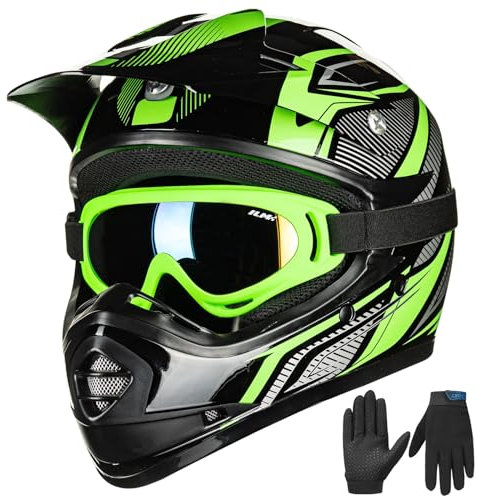 ILM Casco Moto Bambino Motocross con Goggle Guanti ATV Off Road ECE B07,Nero Verde,S