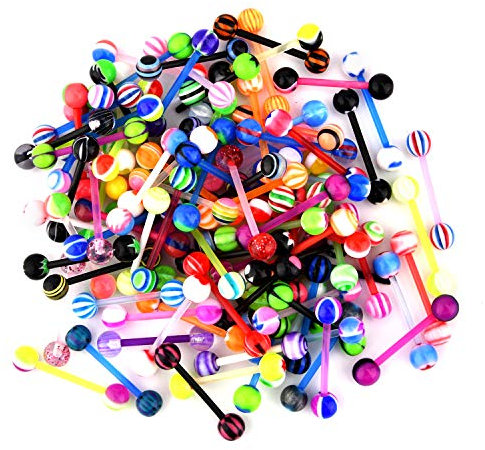 FECTAS 50er Zungenpiercing Set Bioflex Flexibel Plastik mit Acryl Kugel 16mm Barbell Piercing Zunge