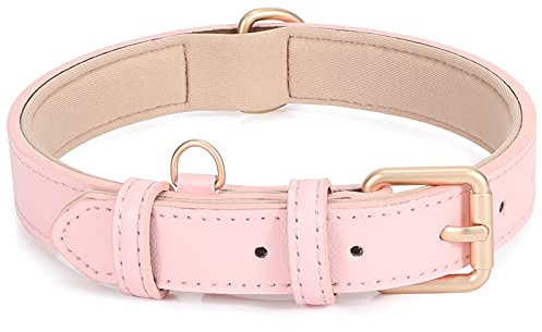 Leather Dog Collar Adjustable Soft Leather Padded Collar Heavy Duty for Small Medium Large Size Dogs with Alloy Buckle(Pink,S)