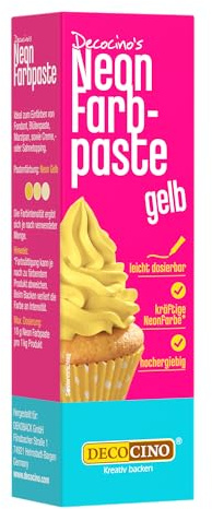 Decocino Neon Lebensmittelpaste gelb – hochdosierte Lebensmittel-Farbe – zum Einfärben von Kuchen, Torten, Muffins, Cupcakes – geschmacksneutral