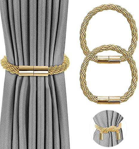 VEGCOO Magnetische Vorhang Raffhalter Vorhang Clips Seil Rückwärtige Vorhang Halter Schnallen Vorhang Binder Gardinenhalter für Haus Dekoration (2 Stück Gold)