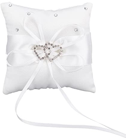 CRASPIRE Wedding Ring Bearer Pillow 10x10cm Cushion Holder with Rhinestone Diamonds Double Hearts and White Bowknot for Marriage Propose Engagement Box